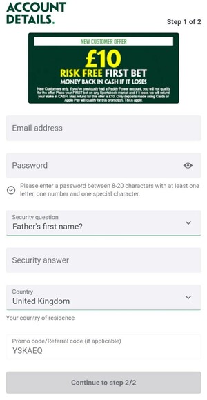 paddy power mobile registration